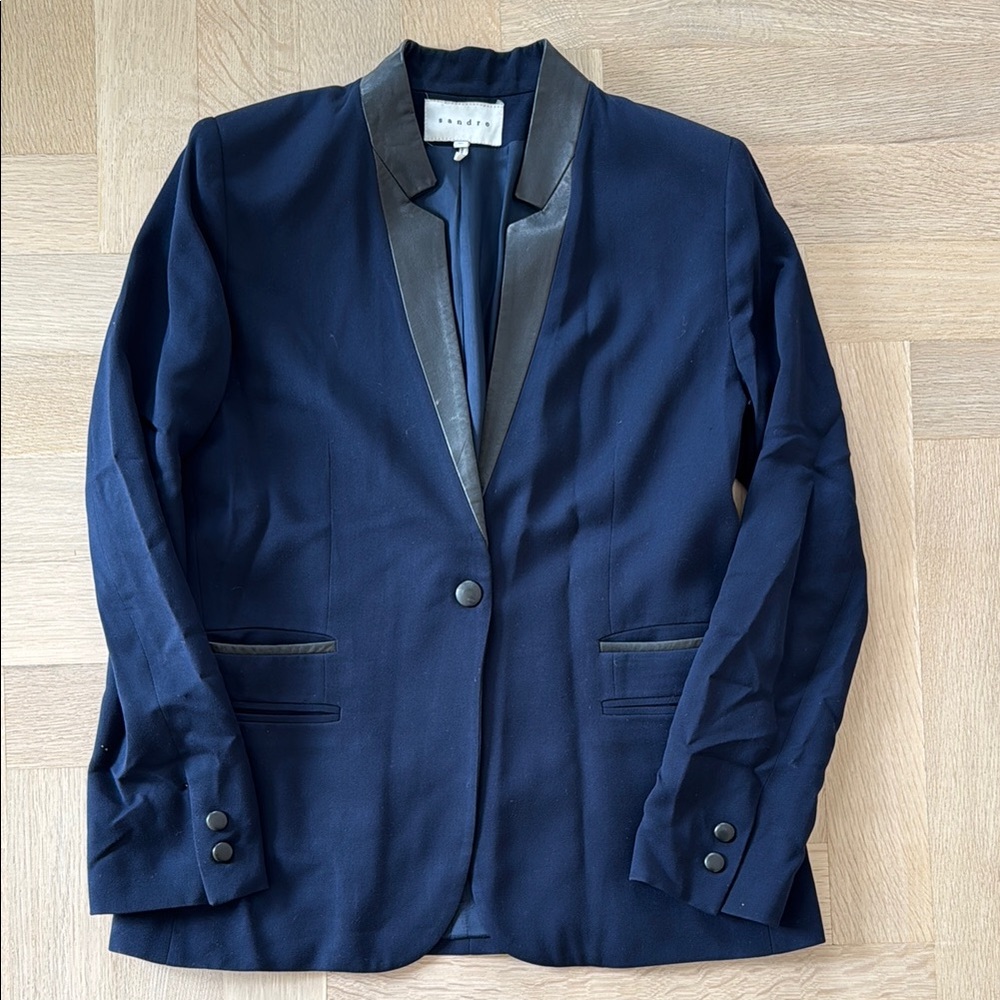Sandro Blazer Navy w/ Black Leather collar and pocket trim Size 40
